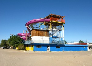 Not surprisingly, it seemed that this water park was out of business. But you have to love the figure it cuts against the sky.